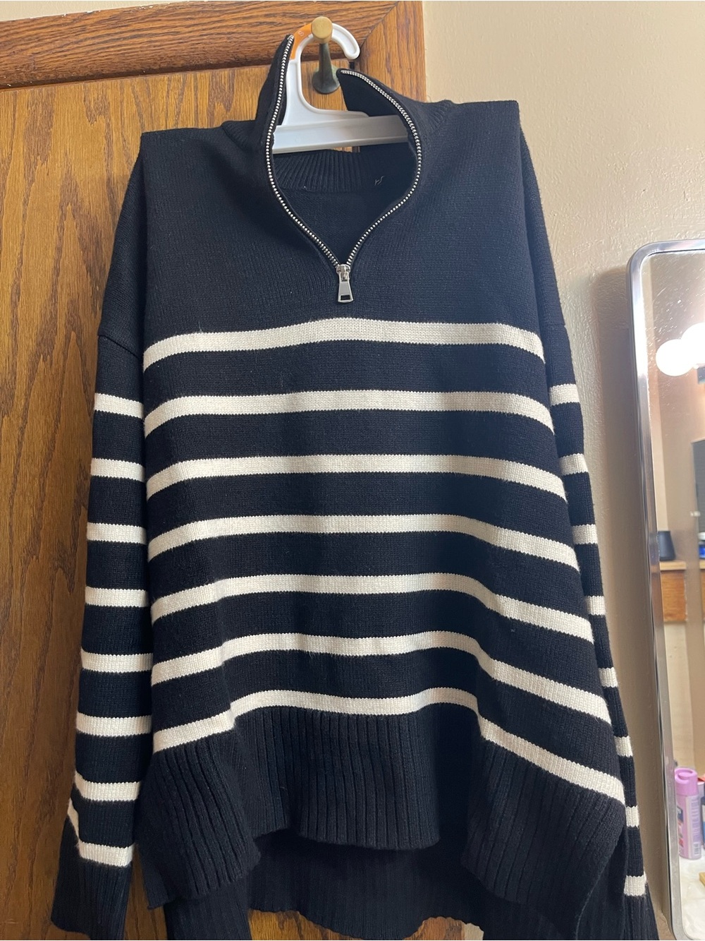 Zara Black & White Striped Half-Zip Sweater